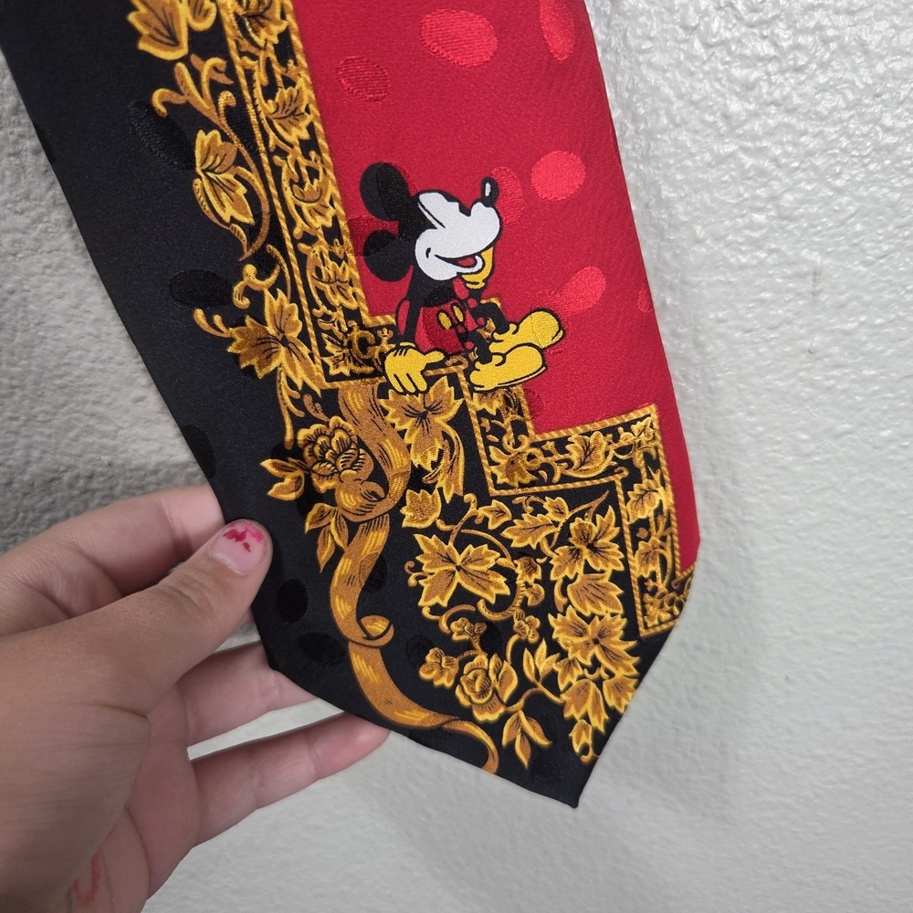 Disney Store Mickey Mouse‎ 100% Silk Necktie Black Red Gold Baroque Polka Dot...